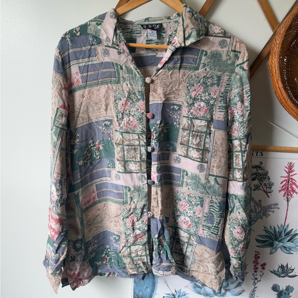 Vintage Silk Floral Patchwork Button Down Shirt - image 1
